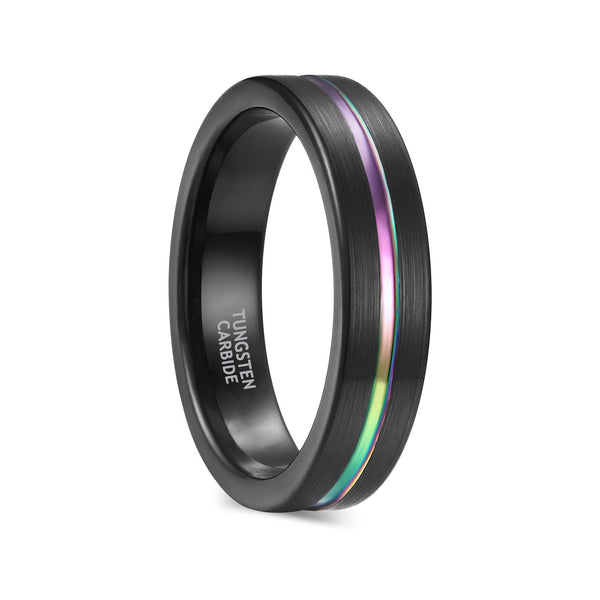 Black Tungsten Carbide Rings with Rainbow Inlay