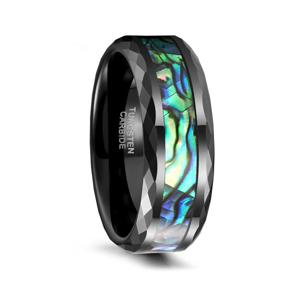 Multi-color Rainbow Abalone Shell Tungsten Wedding Rings Faceted Edge