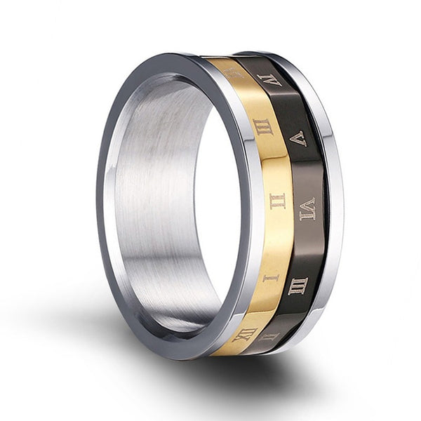 Gold and Black Mens Stainless Steel Spinner Rings with Roman Numerals