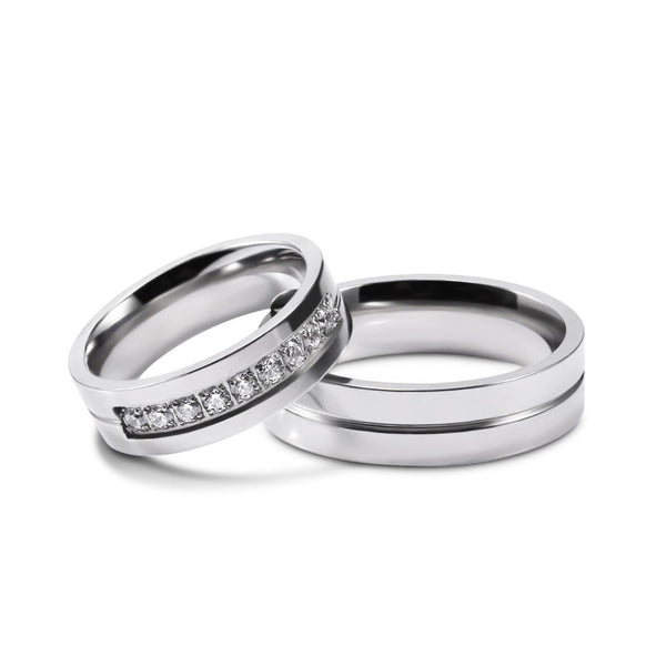 Silver Couple Rings with Cubic Zirconia Inlaid in Stainless/Titanium Steel