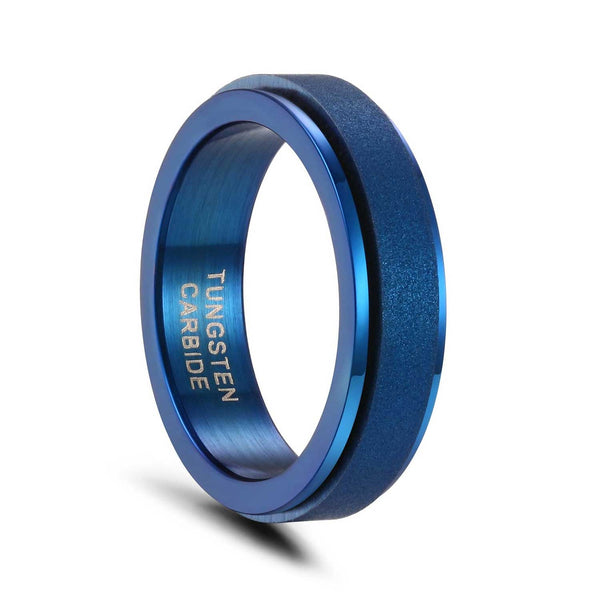 Blue Tungsten and Stainless Steel Wedding Rings Sandblasted Spinner Band