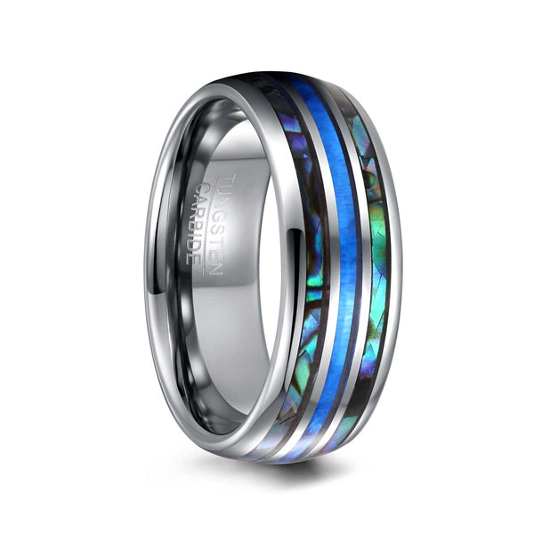 Abalone Shell and Opal Domed Tungsten Rings