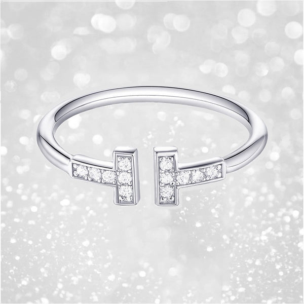 T-shaped High Carbon Diamond Inlaid Opening Adjustable S925 Sterling Silver Ring for Women