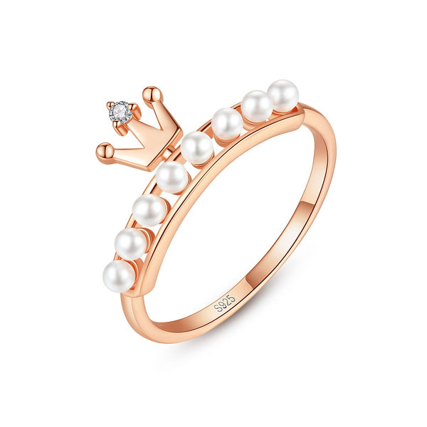 Rose Gold Pearl Engagement Ring Crown Eternity Band