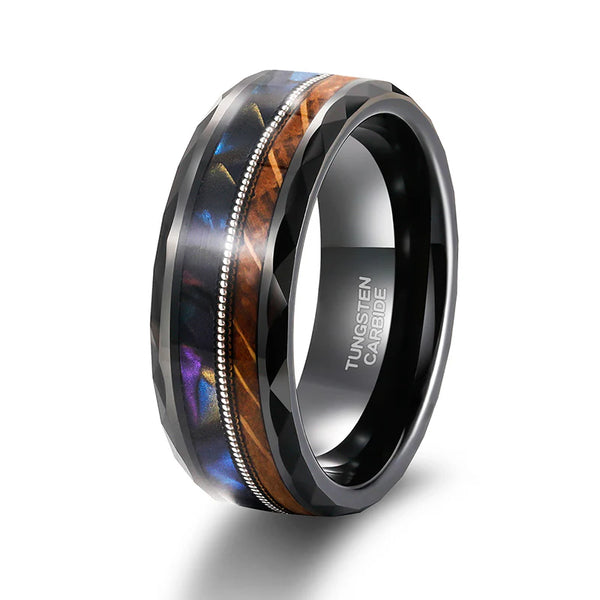 8mm Aurora Galaxy Wood & Guitar String Tungsten Ring