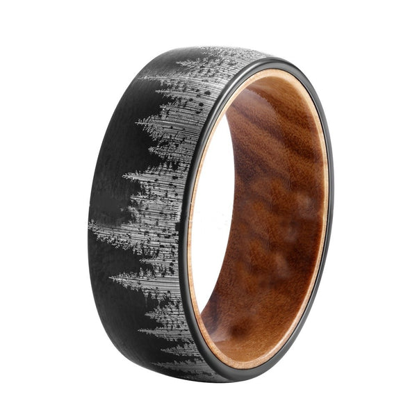 Simple Black Laser Forest Pattern Tungsten Steel Ring with Solid Wood Inner Ring for Men