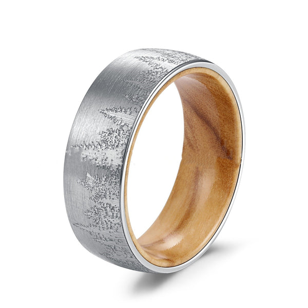 Simple Silver Color Laser Forest Pattern Tungsten Steel Ring with Solid Wood Inner Ring for Men