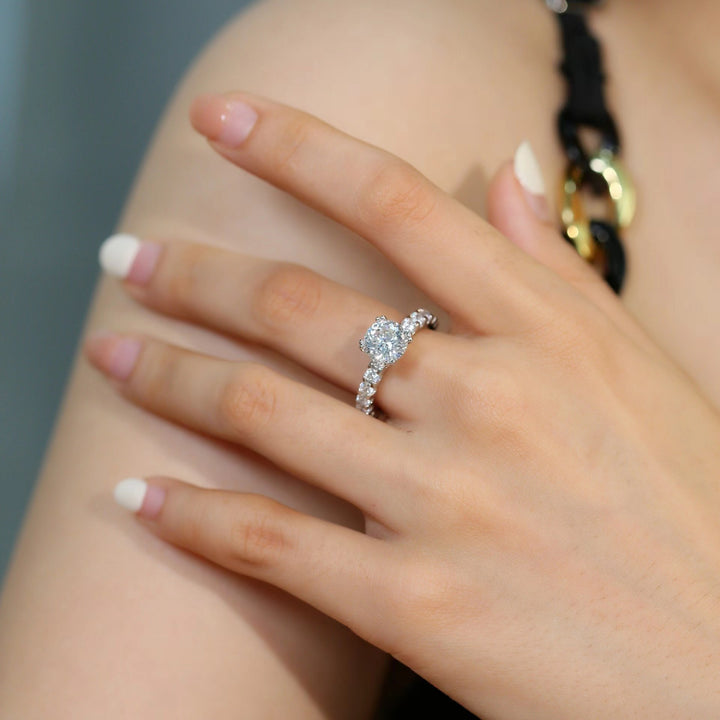 2 carat classic engagement rings with paired prong eternity band worn on hand