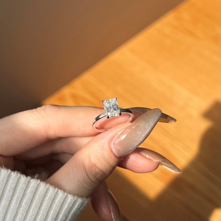 2 carat ring with emerald cut moissanite