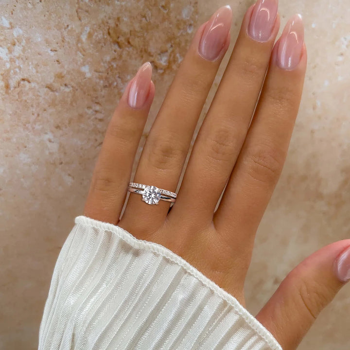 2ct timeless moissanite wedding ring sets worn on hand