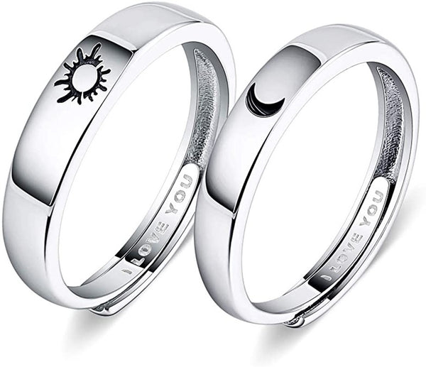 Sterling Silver Promise Couple Ring Set Sun and Moon Style