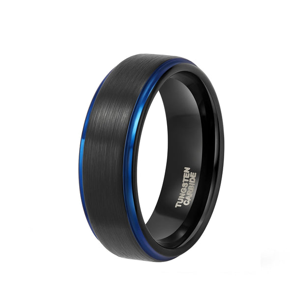 Black and Blue Mens Tungsten Carbide Wedding Rings with Brushed Center