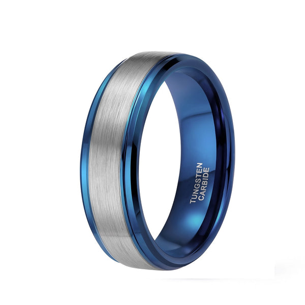 Blue Plated Tungsten Silver Brushed Wedding Bands for Him