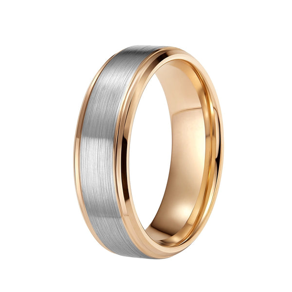 Womens Mens Tungsten Wedding Bands Rose Gold and Silver Brushed with Stepped Edge