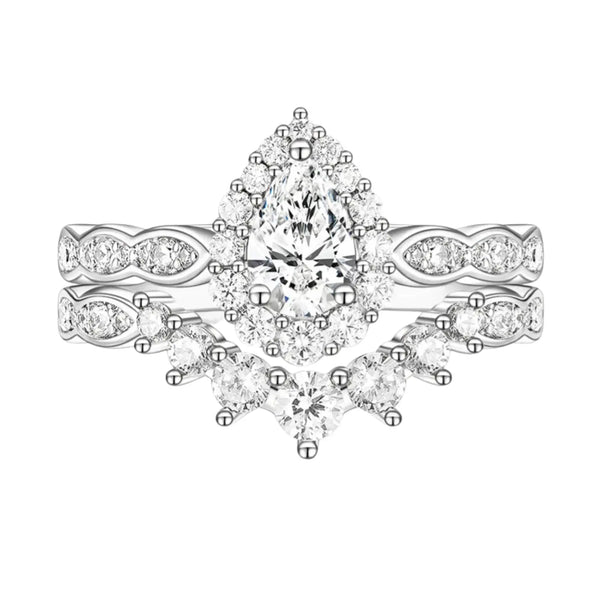 1CT Vintage Pear Shape Crown Moissanite Bridal Set