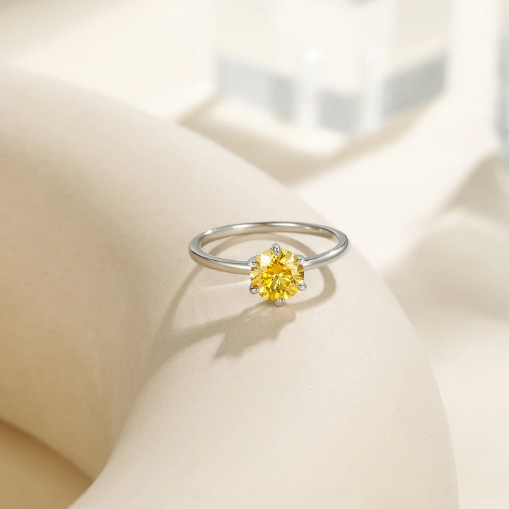 Sterling Silver 1 CT Six Prong Yellow Gemstone Moissanite Engagement Ring