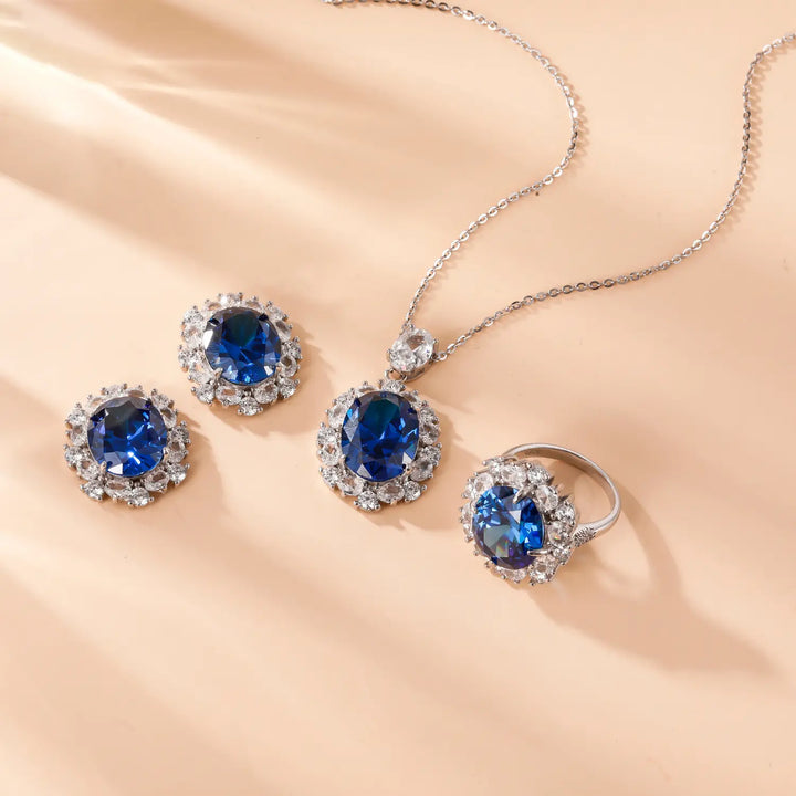 925 Sterling Silver Blue & White Sapphire Jewelry Set