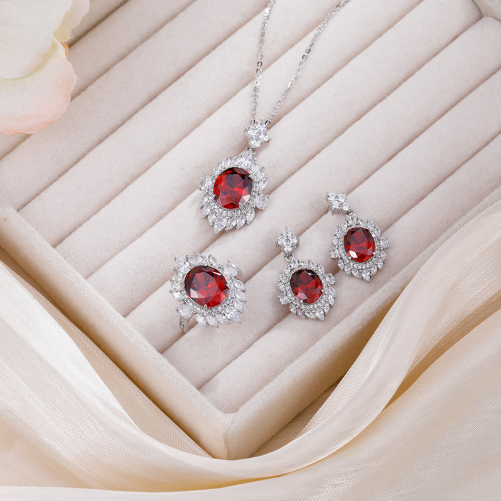 925 Sterling Silver Ruby Jewelry Set, ruby Cz stone ring, ruby earrings, ruby necklace