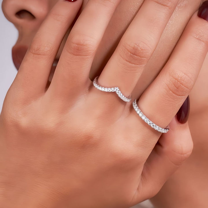 925 sterling silver pave wedding band worn on hand