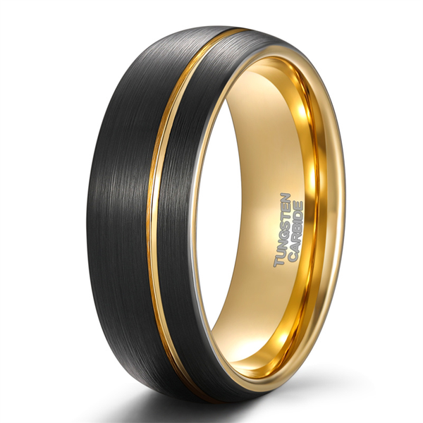 Fashionable 8mm Wide Black + Gold Two Tone Tungsten Steel Ring for Men