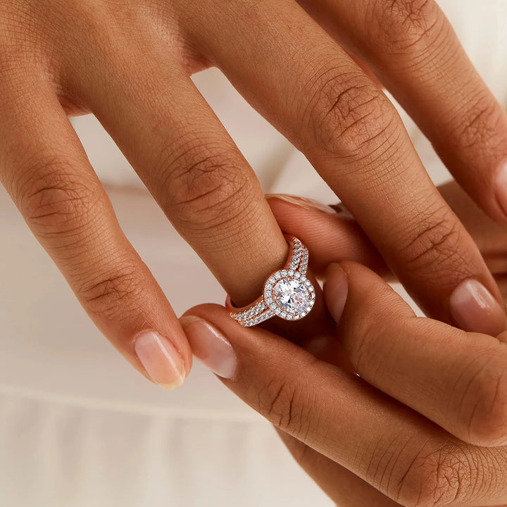 Affordable 1.5CT Oval Cut Bridal Set on Hand