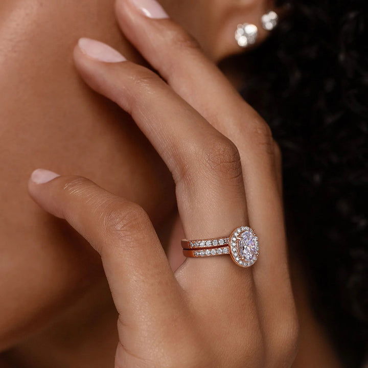 Affordable Rose Gold 1.5CT Oval Cut Bridal Set on Hand