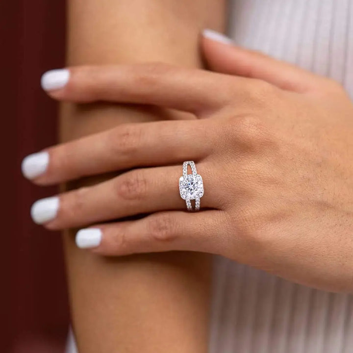 Beautiful cubic zircon low profile engagement ring worn on hand