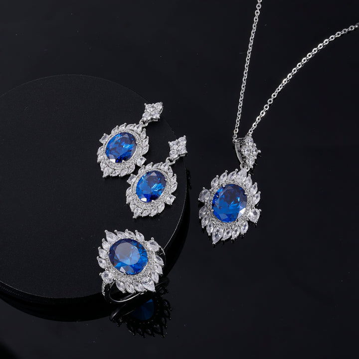 Blue & White Sapphire Jewelry Set in 925 Sterling Silver，Sapphire blue Jewelry Set, Sapphire blue ring, Sapphire blue necklace, Sapphire blue earring