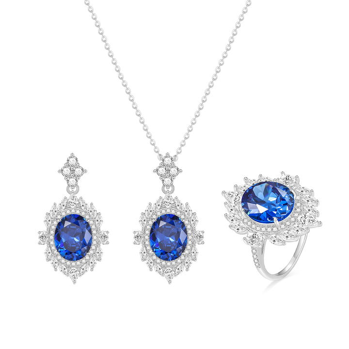 Blue & White Sapphire Jewelry Set in 925 Sterling Silver，Sapphire blue Jewelry Set, Sapphire blue ring, Sapphire blue necklace, Sapphire blue earring