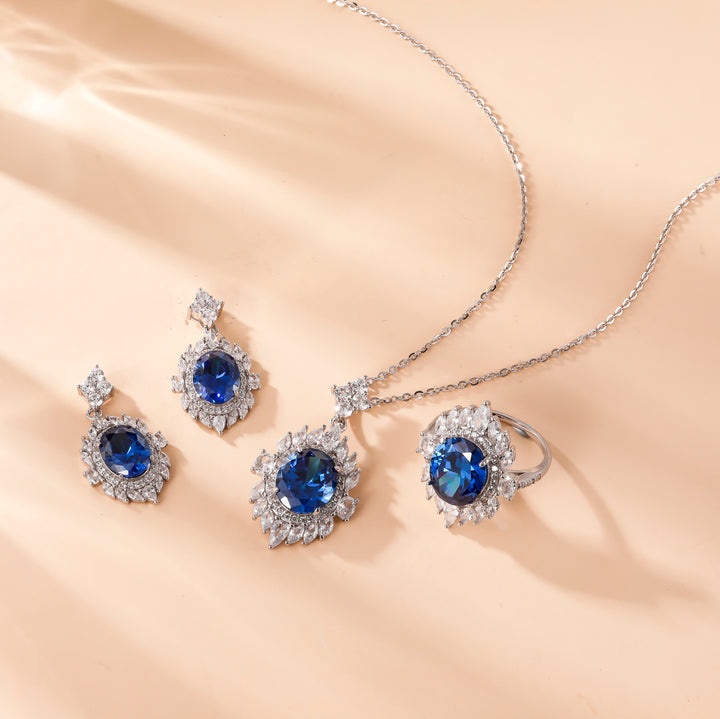 Blue & White Sapphire Jewelry Set in 925 Sterling Silver，Sapphire blue Jewelry Set, Sapphire blue ring, Sapphire blue necklace, Sapphire blue earring