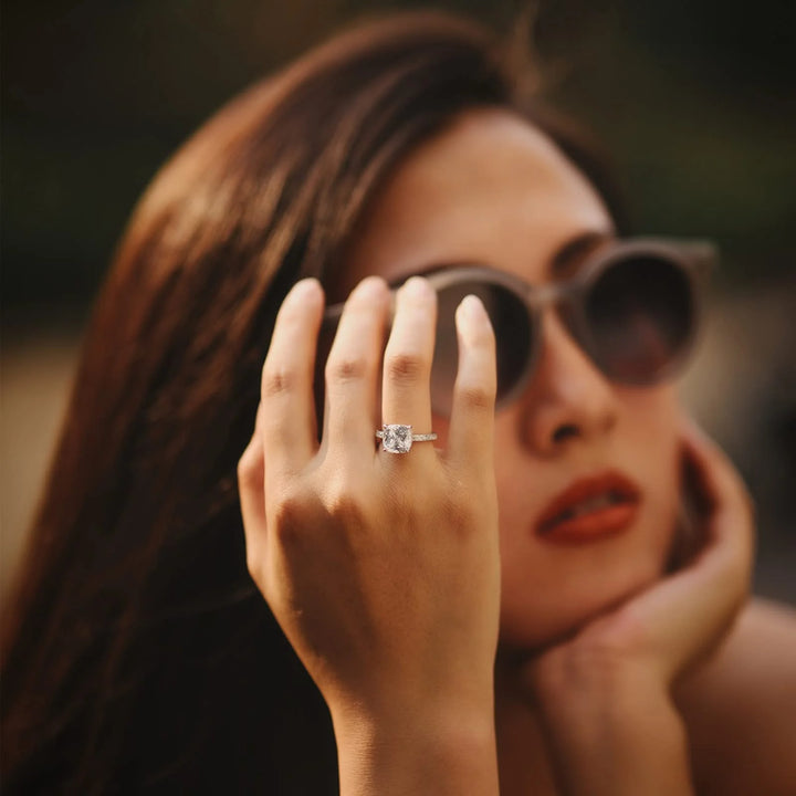 Cushion cut ring with 3.5CT moissanite on hand