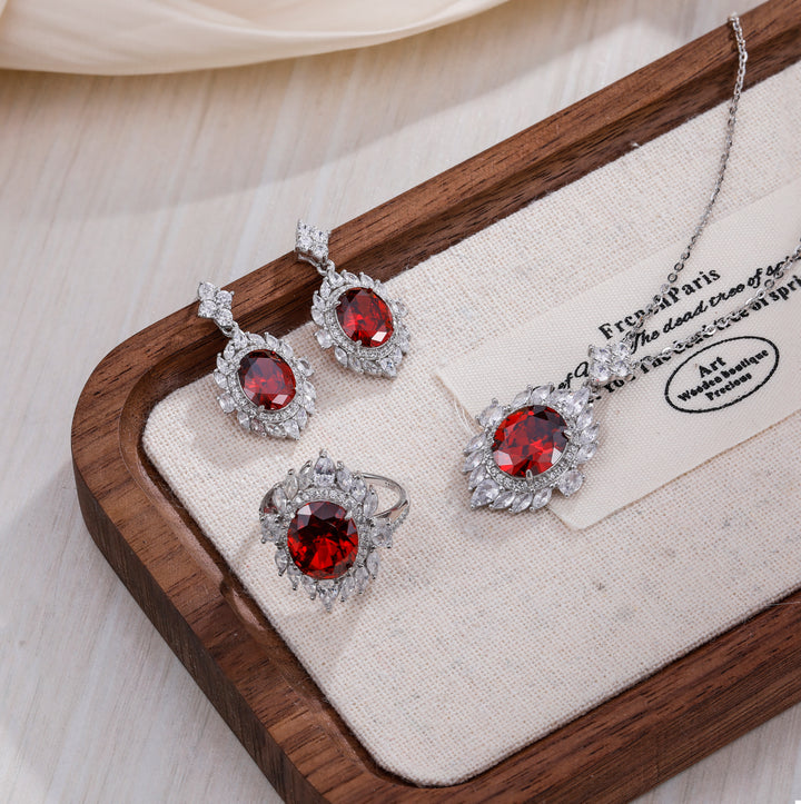 925 Sterling Silver Ruby Jewelry Set, ruby Cz stone ring, ruby earrings, ruby necklace