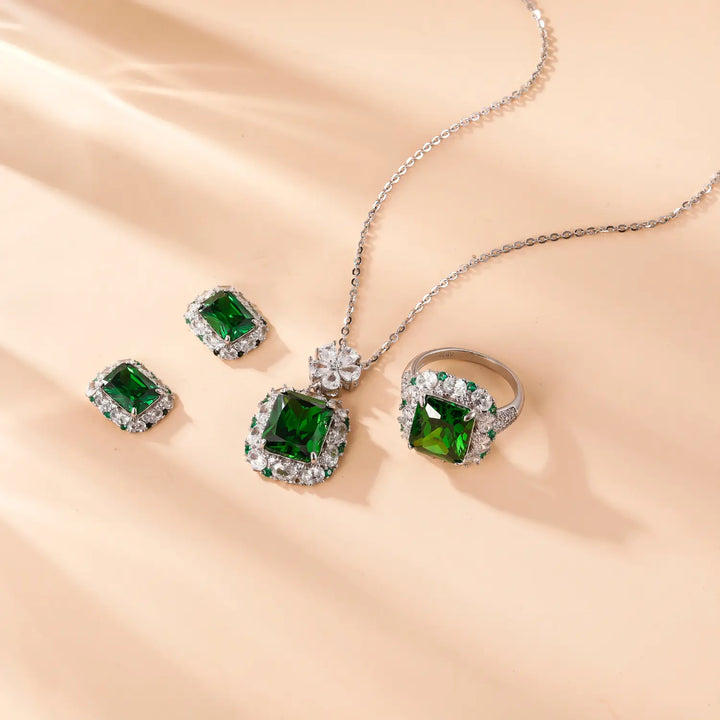 Emerald Ring & Pendant Necklace & Earrings Set
