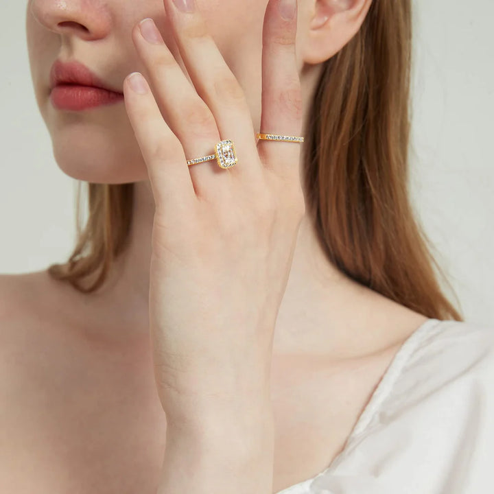 Gold Emerald Cut Moissanite Ring Sets on hand 