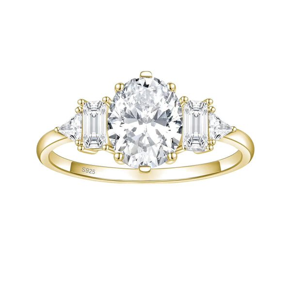 Gold Three Stone Oval Engagement Ring with Moissanite