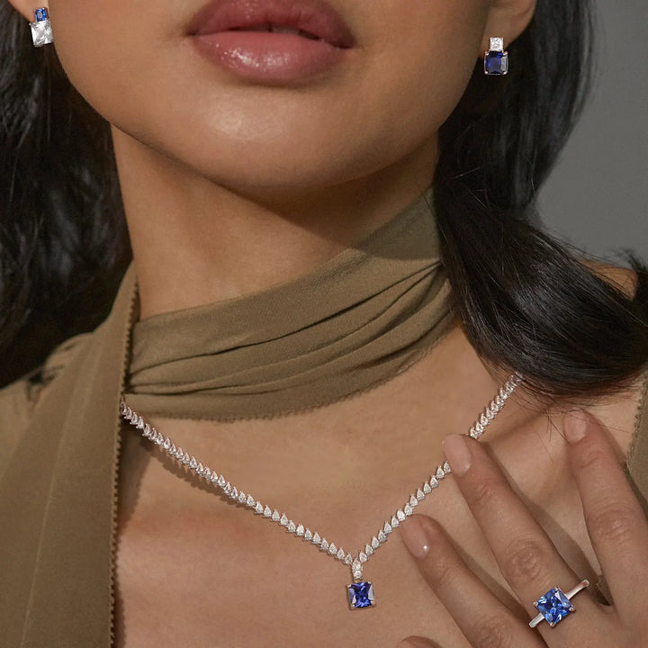 Laboratory sapphire set, unique sapphire earrings, sapphire necklace, sapphire ring