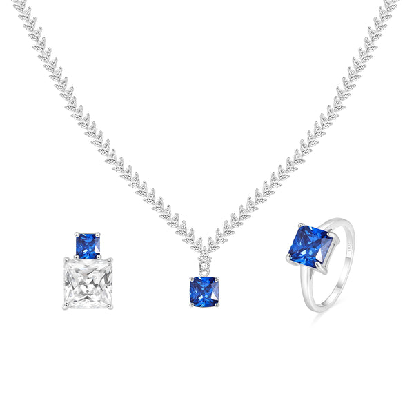 925 Sterling Silver Blue Sapphire Pendant and Earrings Jewelry Set