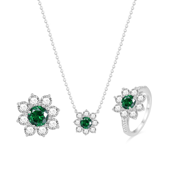 Emerald Flower Pendant & Ring & Earrings Jewelry Set