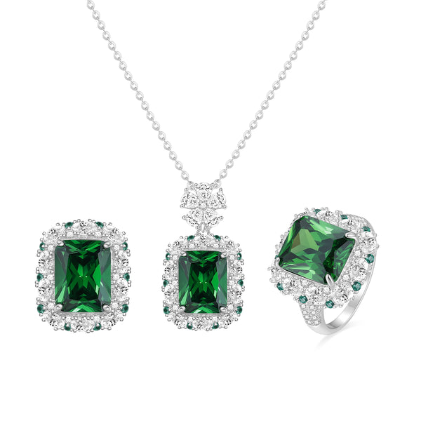 Emerald Ring & Pendant Necklace & Earrings Set