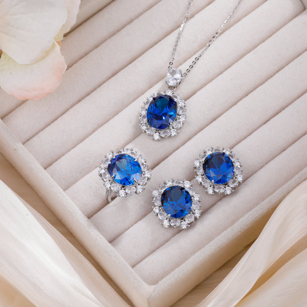 925 Sterling Silver Blue & White Sapphire Jewelry Set