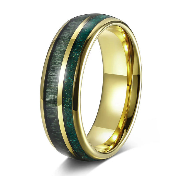 7mm Gold Plated Tungsten Ring with 3A Green Opal and Green Wood Inlay