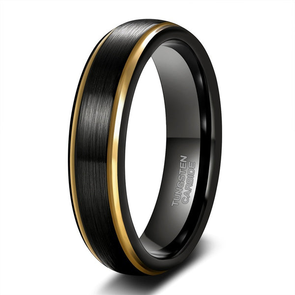 Fashionable 6mm Wide Black + Gold Lasa Tungsten Steel Ring for Men