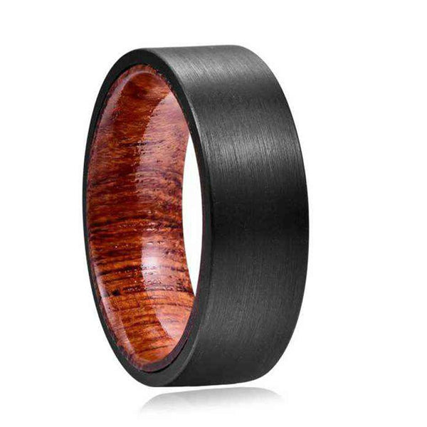 Fashionable 8mm Black Brushed Surface Tungsten Steel Ring with Wooden Inner Ring for Men