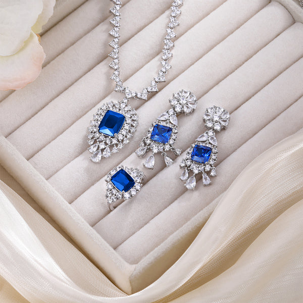Sapphire Pendant Necklace & Ring & Earring Jewelry Set