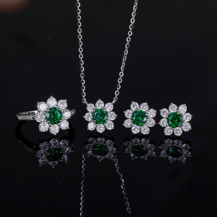 Emerald Jewelry Set, cute Jewelry Set, Emerald Pendant, Emerald Pendant necklace, Emerald ring, Emerald earrings Emerald Flower Pendant & Ring & Earrings Jewelry Set