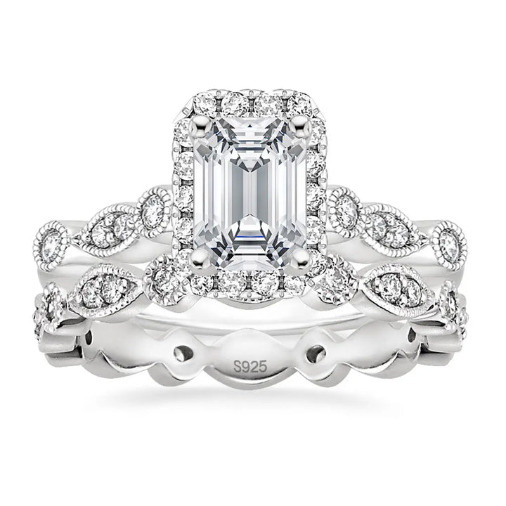 S925 Silver 2 Carat Emerald Moissanite Wedding Set, Emerald Moissanite Wedding Set, Emerald engagement ring, 2 Carat ring, 2 Carat Moissanite ring
