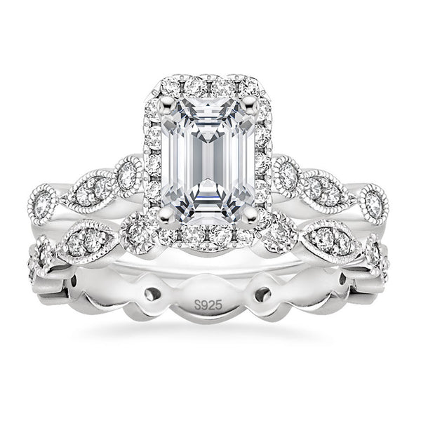 S925 Silver 2 Carat Emerald Moissanite Wedding Set