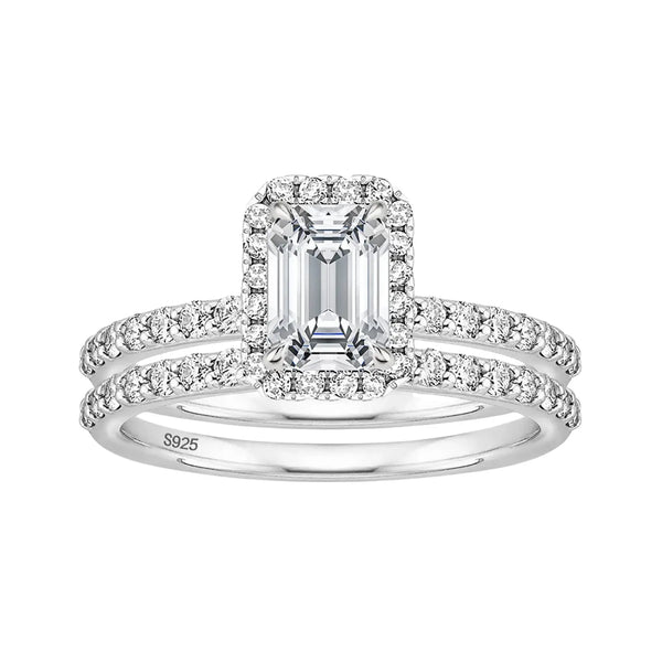 Sliver 2CT Bridal Emerald Cut Moissanite Engagement Ring Sets