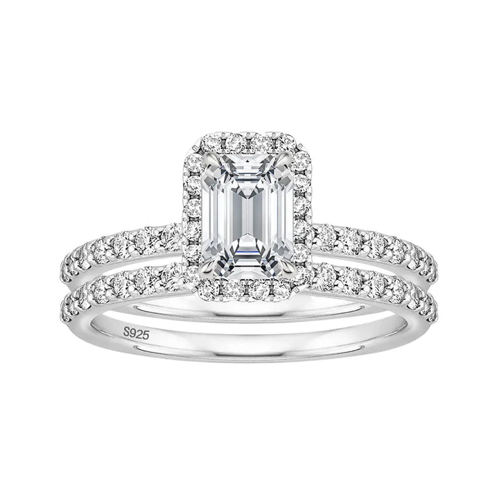Sliver 2CT Bridal Emerald Cut Moissanite Engagement Ring Sets