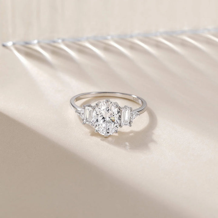 Sliver oval cut moissanite Three Stone Ring